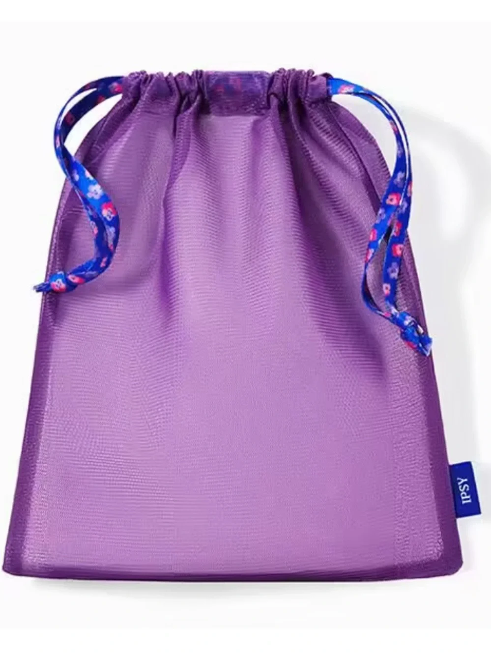 ipsy Purple Mesh Drawstring Cosmetic Pouch with Floral Ribbon